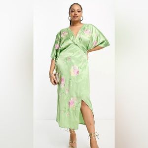 ASOS DESIGN Curve satin wrap front kimono sleeve embroidered midi dress